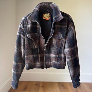 Women's Vintage 70s–80s Wool Plaid Bomber • Size Medium • Brown‑Black‑Tan Plaid